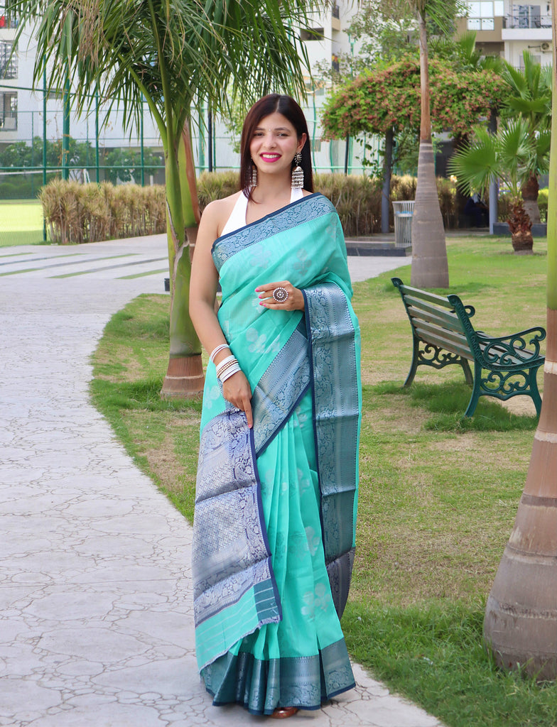 Linen Contrast Woven Saree Turquoise Clothsvilla