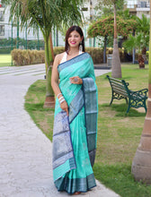 Load image into Gallery viewer, Linen Contrast Woven Saree Turquoise Clothsvilla