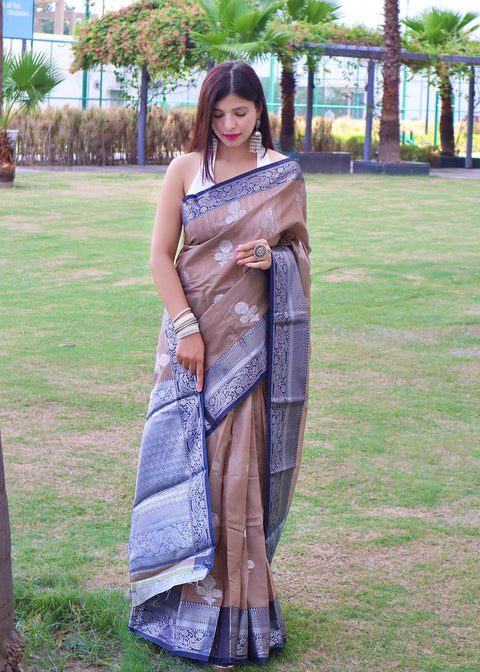 Linen Contrast Woven Saree Oyster Brown Clothsvilla Main image