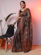 Load image into Gallery viewer, Pashmina Ajrakh Printed Saree with Copper Zari Woven Border Brown Clothsvilla