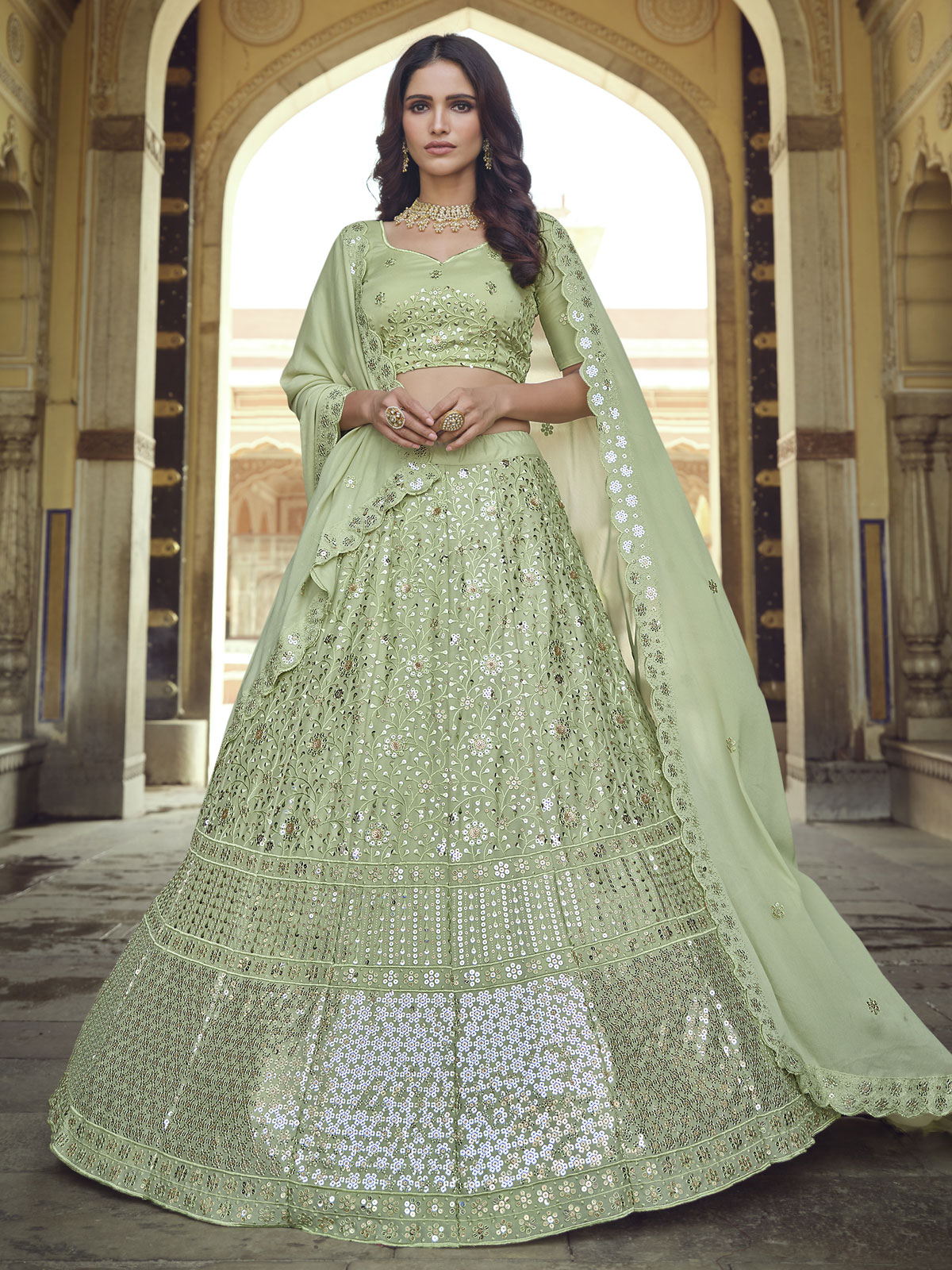 Pista Green Georgette Partywear Lehenga Choli Clothsvilla