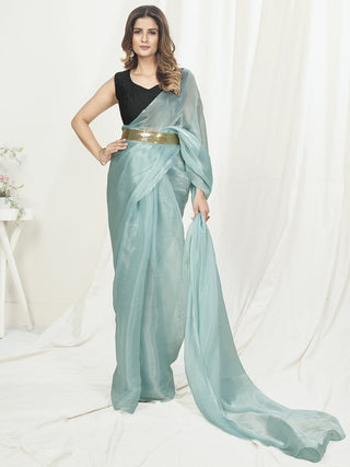 Ice Blue Ready to Wear One Minute Saree In Satin Silk ClothsVilla