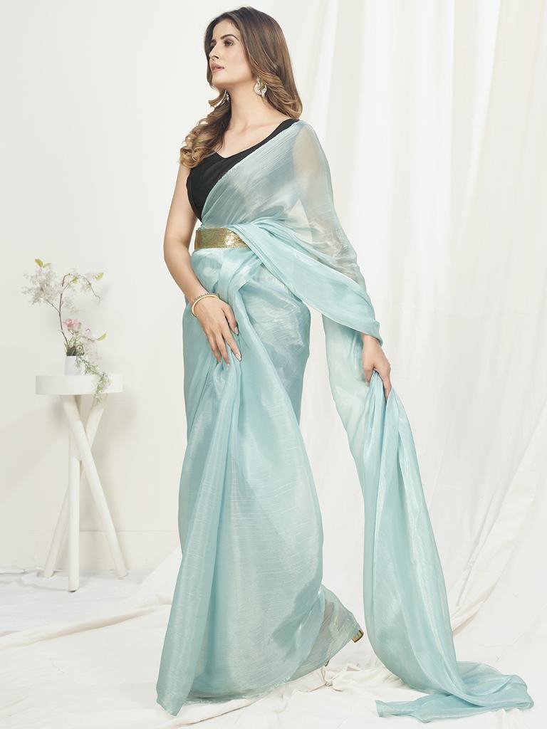 Ice Blue Ready to Wear One Minute Saree In Satin Silk ClothsVilla