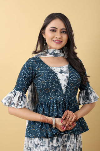 Imposing Teal Blue With White Color Bandhani Printed Plazzo Suit Clothsvilla