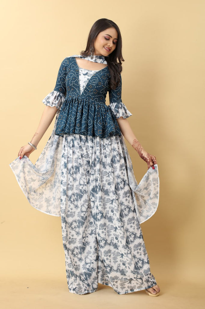 Imposing Teal Blue With White Color Bandhani Printed Plazzo Suit Clothsvilla