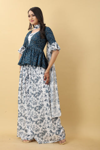 Imposing Teal Blue With White Color Bandhani Printed Plazzo Suit Clothsvilla