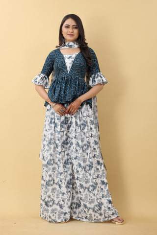 Imposing Teal Blue With White Color Bandhani Printed Plazzo Suit Clothsvilla