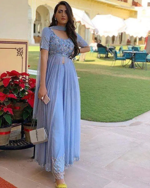 Impressive Designer Embroidered and Handwork Front Cut Designer Wear Outfit Along with Palazzo and Dupatta ClothsVilla Main image