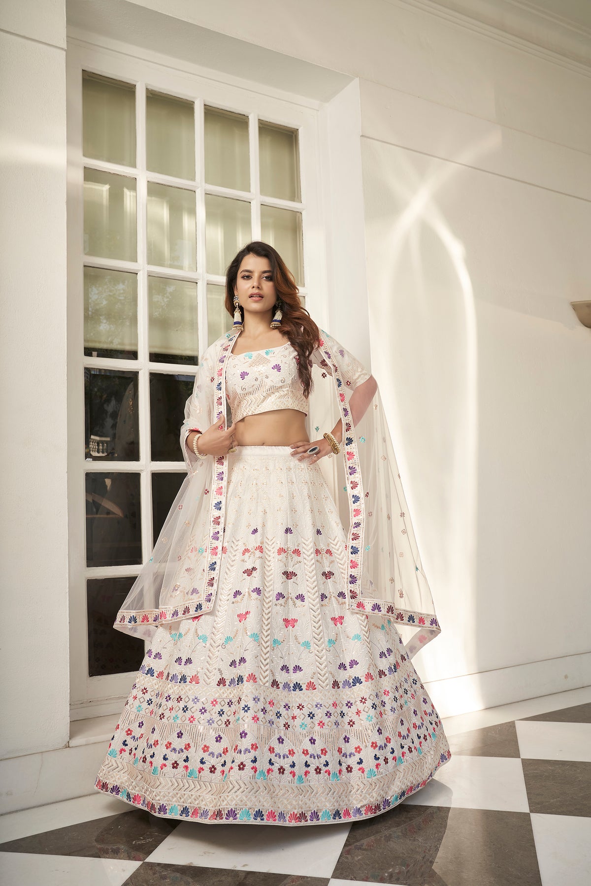 Impressive White Thread Embroidered Silk Party Wear Lehenga Choli ClothsVilla Main image
