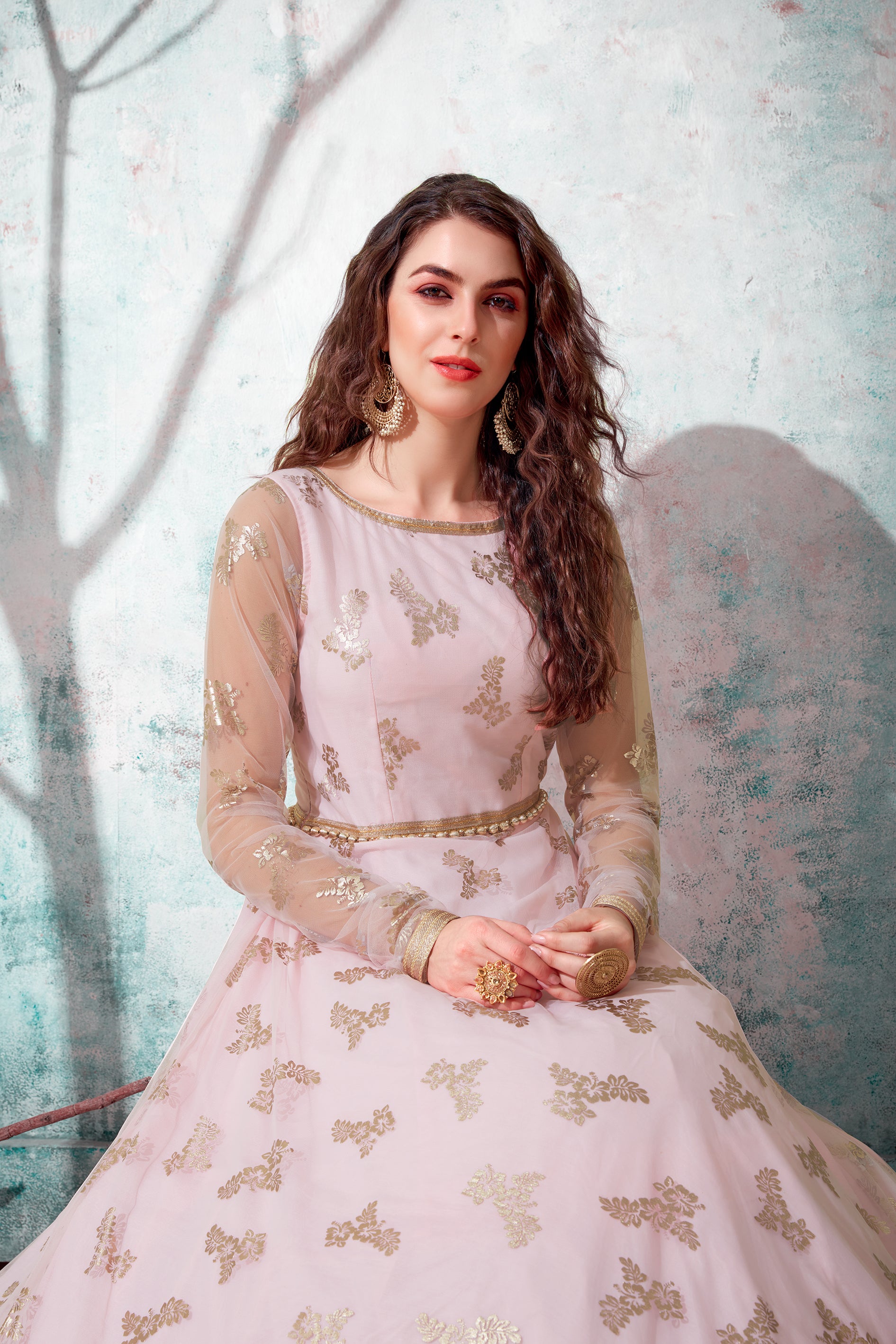 Indian Anarkali Long Gown With Metalic Foil Work And Bridal, Wedding, Party And Engagement Ceremony Wearing Gown For Women ClothsVilla