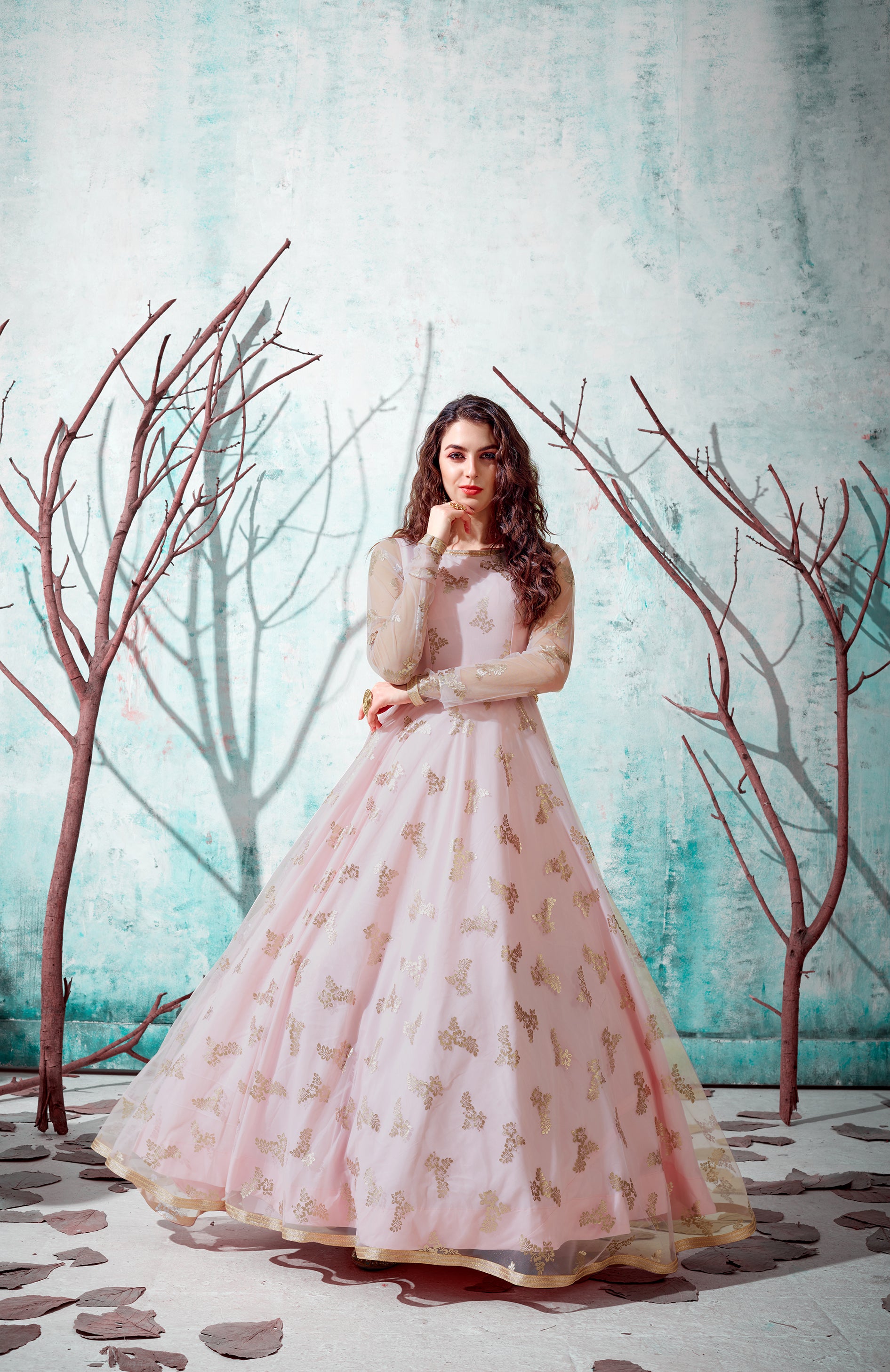 Indian Anarkali Long Gown With Metalic Foil Work And Bridal, Wedding, Party And Engagement Ceremony Wearing Gown For Women ClothsVilla