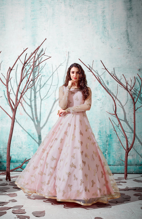 Indian Anarkali Long Gown With Metalic Foil Work And Bridal, Wedding, Party And Engagement Ceremony Wearing Gown For Women ClothsVilla