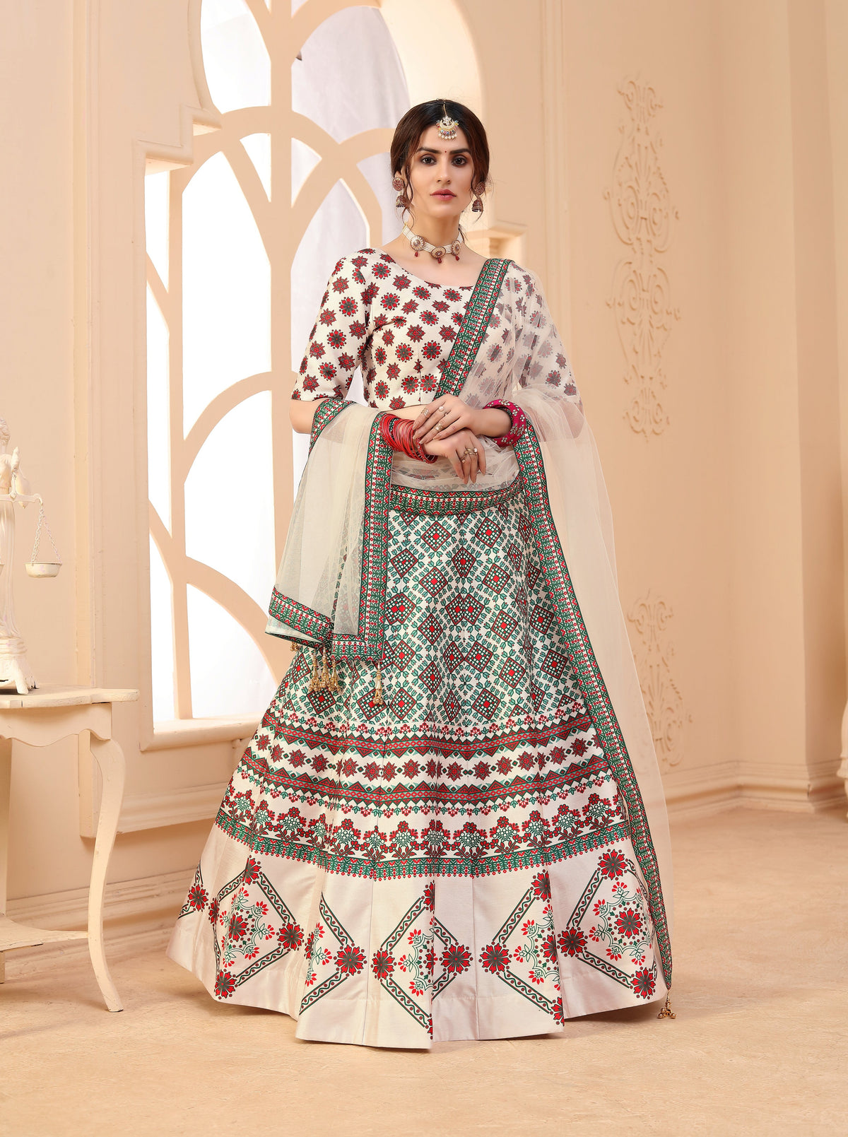 Indian Beige Digital Printed Lehenga Choli With Lace And Border Dupatta, Wedding Wear And Party Wear Chaniya Choli For Women ClothsVilla Main image