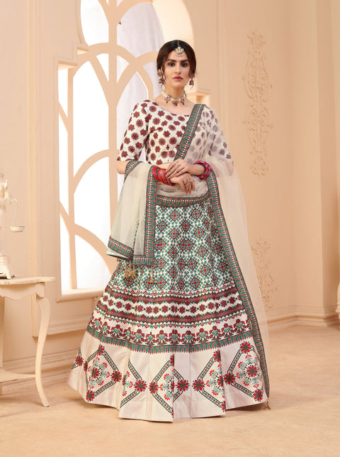 Indian Beige Digital Printed Lehenga Choli With Lace And Border Dupatta, Wedding Wear And Party Wear Chaniya Choli For Women ClothsVilla Main image