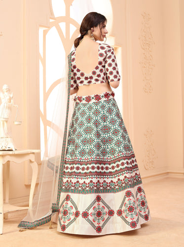 Indian Beige Digital Printed Lehenga Choli With Lace And Border Dupatta, Wedding Wear And Party Wear Chaniya Choli For Women ClothsVilla
