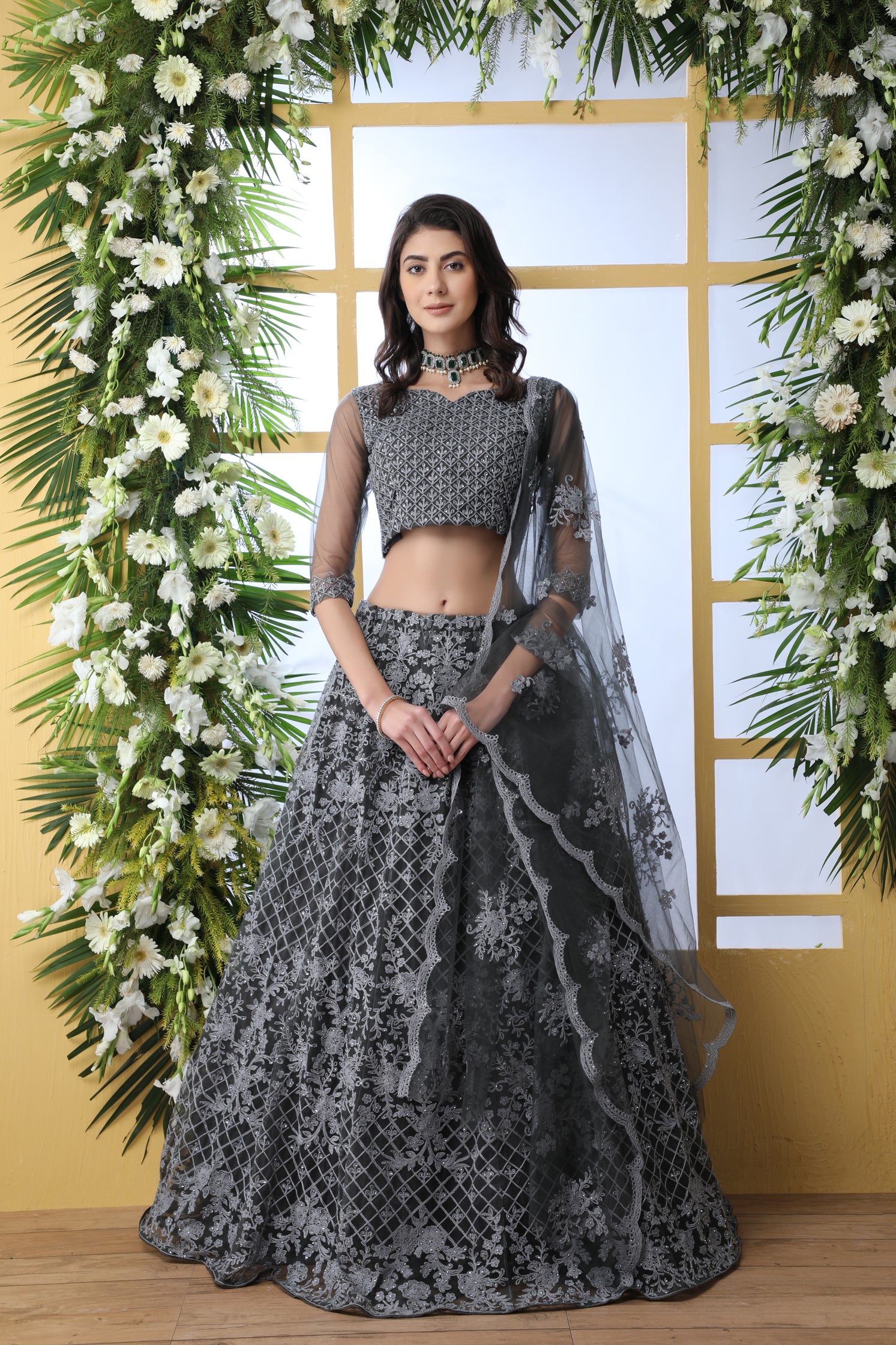 Indian Bridal Grey Lehenga Choli With Thread Embroidered Work And Stone Pasting, Soft Net For Women And Girls, Wedding & party Wears Lehenga ClothsVilla