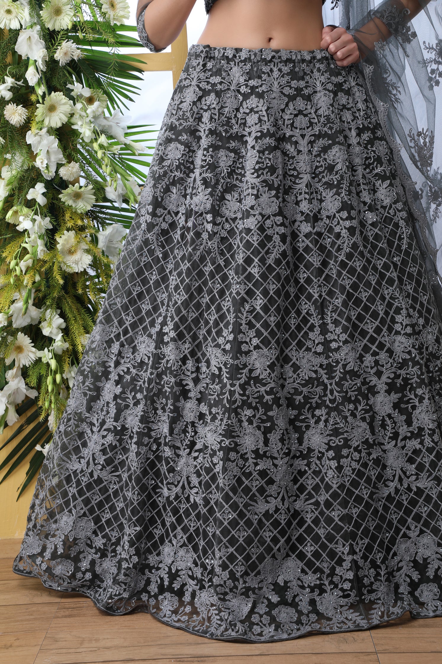 Indian Bridal Grey Lehenga Choli With Thread Embroidered Work And Stone Pasting, Soft Net For Women And Girls, Wedding & party Wears Lehenga ClothsVilla