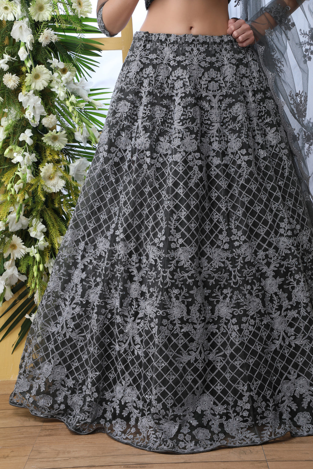 Indian Bridal Grey Lehenga Choli With Thread Embroidered Work And Stone Pasting, Soft Net For Women And Girls, Wedding & party Wears Lehenga ClothsVilla