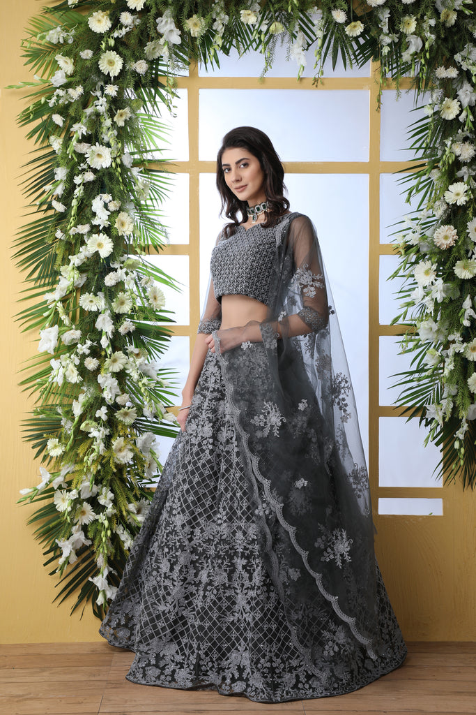 Indian Bridal Grey Lehenga Choli With Thread Embroidered Work And Stone Pasting, Soft Net For Women And Girls, Wedding & party Wears Lehenga ClothsVilla