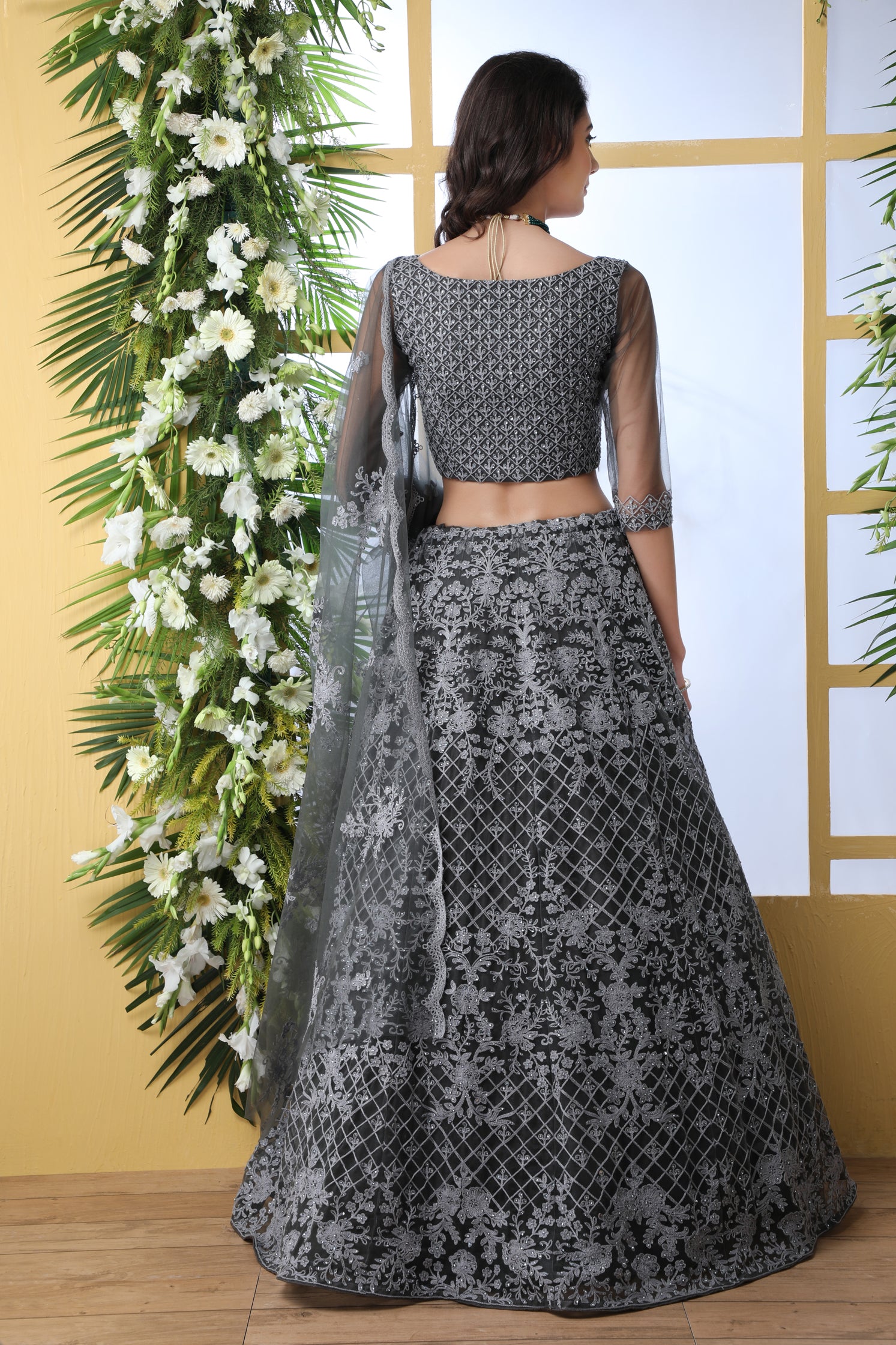 Indian Bridal Grey Lehenga Choli With Thread Embroidered Work And Stone Pasting, Soft Net For Women And Girls, Wedding & party Wears Lehenga ClothsVilla