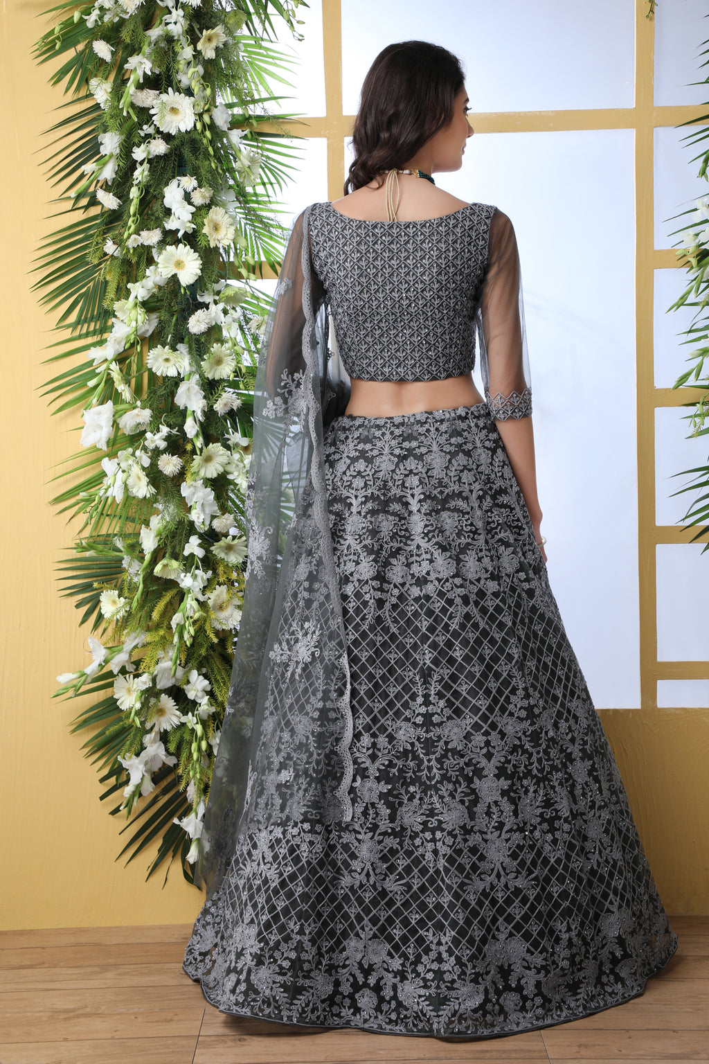 Indian Bridal Grey Lehenga Choli With Thread Embroidered Work And Stone Pasting, Soft Net For Women And Girls, Wedding & party Wears Lehenga ClothsVilla