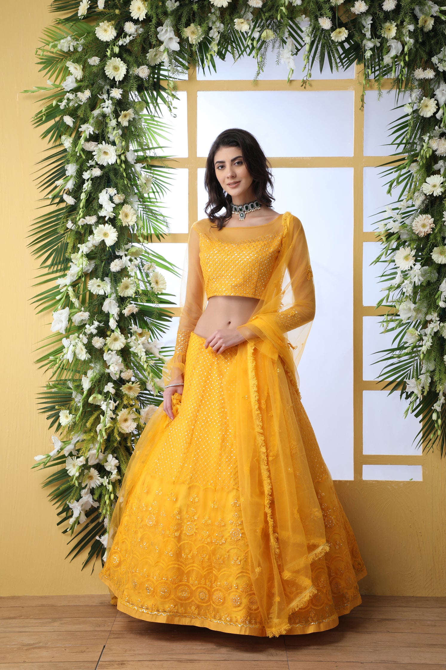 Indian Bridal Mustard Yellow Lehenga Choli With Thread Embroidered Work And Stone Pasting, Soft Net For Women And Girls, Wedding & party Wears Lehenga ClothsVilla