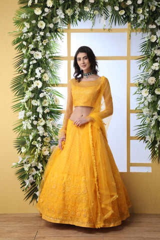 Indian Bridal Mustard Yellow Lehenga Choli With Thread Embroidered Work And Stone Pasting, Soft Net For Women And Girls, Wedding & party Wears Lehenga ClothsVilla