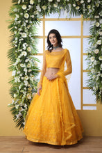 Load image into Gallery viewer, Indian Bridal Mustard Yellow Lehenga Choli With Thread Embroidered Work And Stone Pasting, Soft Net For Women And Girls, Wedding &amp; party Wears Lehenga ClothsVilla