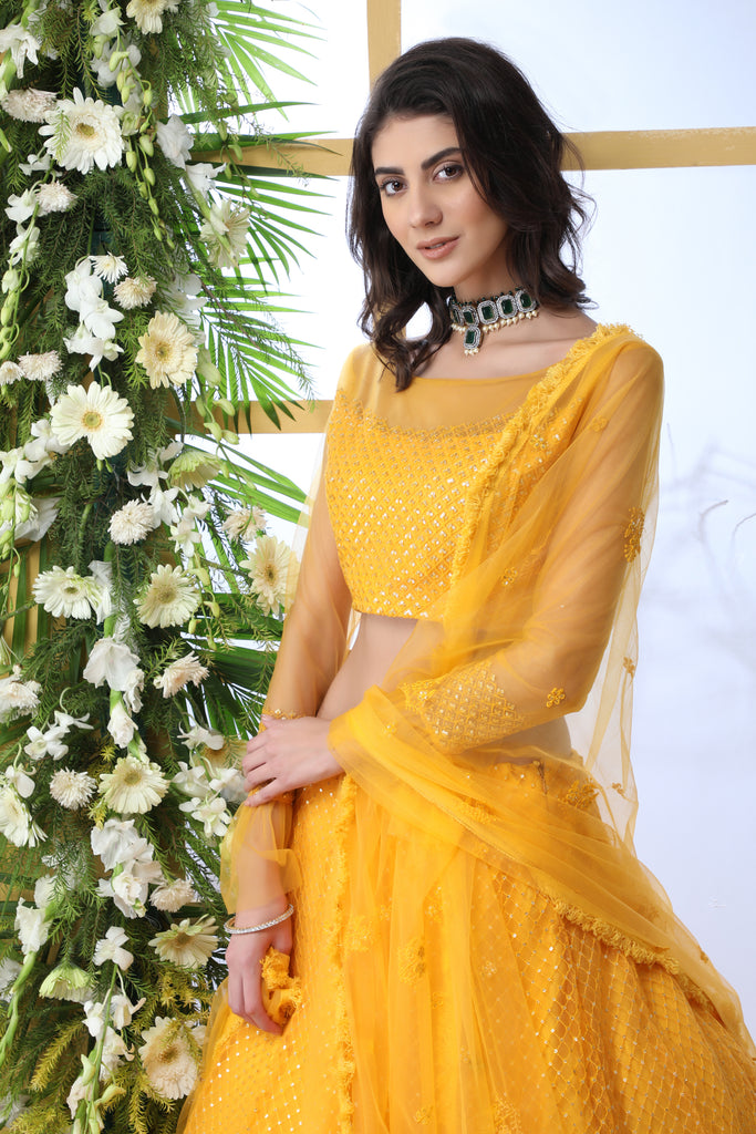 Delightful Yellow resham embroidered georgette semi stitched lehenga choli  for wedding - MEGHALYA - 3752275