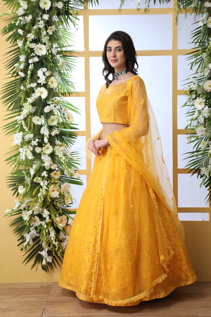 Indian Bridal Mustard Yellow Lehenga Choli With Thread Embroidered Work And Stone Pasting, Soft Net For Women And Girls, Wedding & party Wears Lehenga ClothsVilla