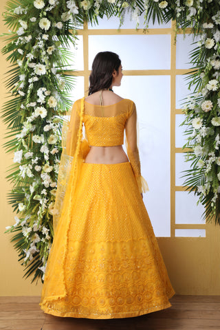 Indian Bridal Mustard Yellow Lehenga Choli With Thread Embroidered Work And Stone Pasting, Soft Net For Women And Girls, Wedding & party Wears Lehenga ClothsVilla