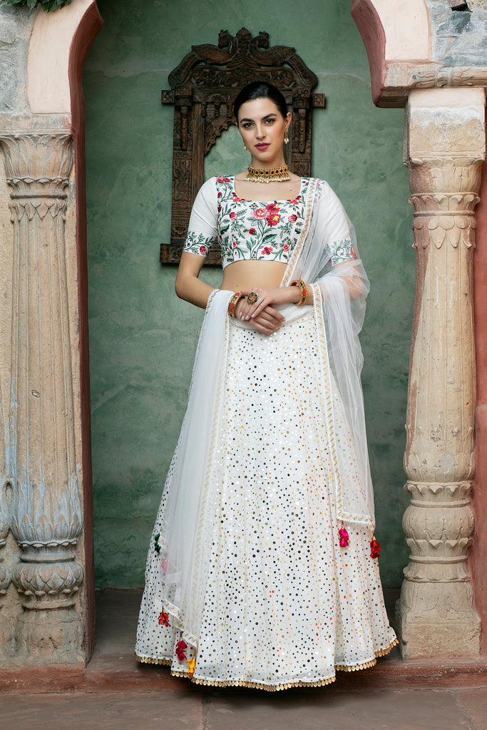 Navratri Special white & red Designer Lehenga Choli With Printed Butter  Silk Material, Zari And Mirror