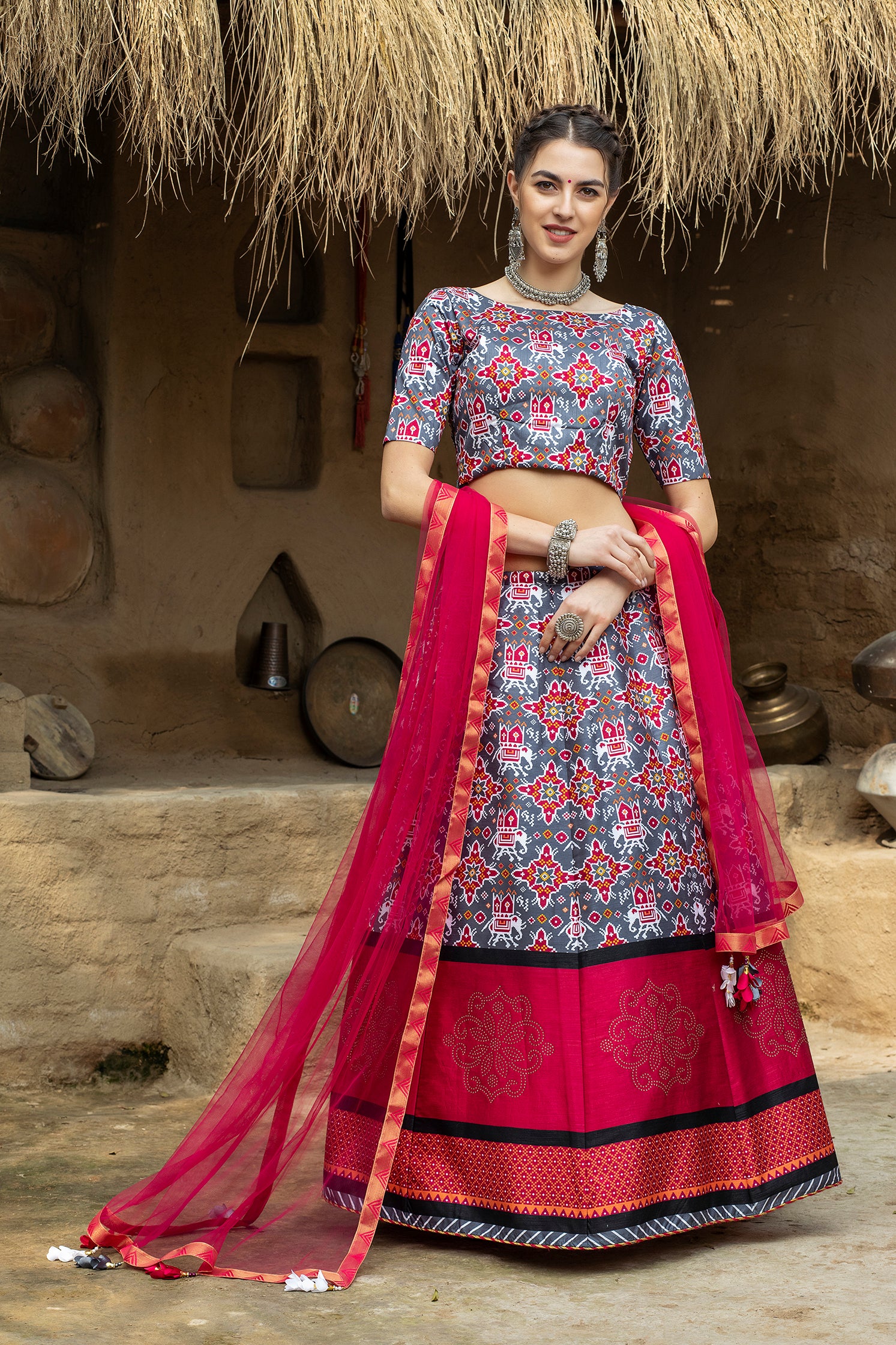Indian Grey And Magenta Lehenga With Digital Printed And Indian Tradition Design, Choli Has Fancy Work Chaniya Choli For Women ClothsVilla