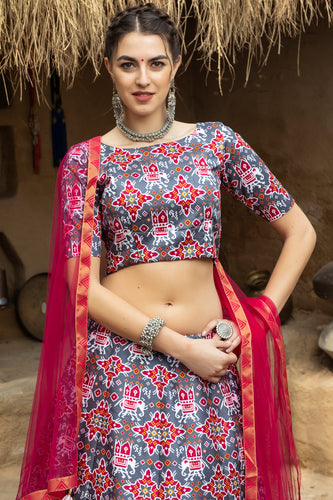 Indian Grey And Magenta Lehenga With Digital Printed And Indian Tradition Design, Choli Has Fancy Work Chaniya Choli For Women ClothsVilla