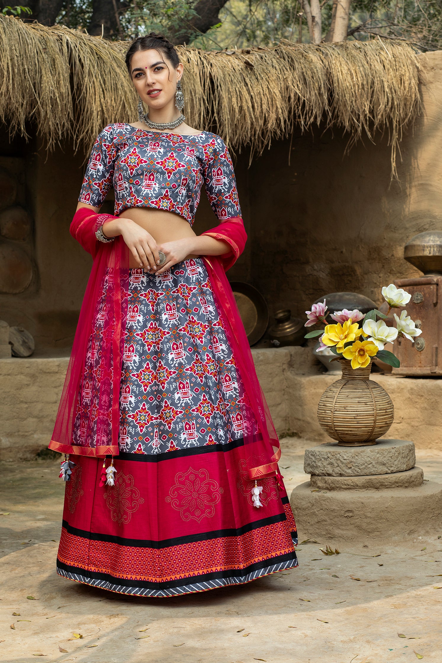 Indian Grey And Magenta Lehenga With Digital Printed And Indian Tradition Design, Choli Has Fancy Work Chaniya Choli For Women ClothsVilla