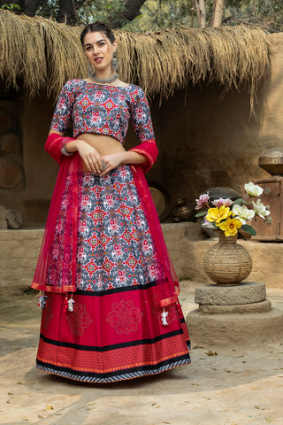 Indian Grey And Magenta Lehenga With Digital Printed And Indian Tradition Design, Choli Has Fancy Work Chaniya Choli For Women ClothsVilla
