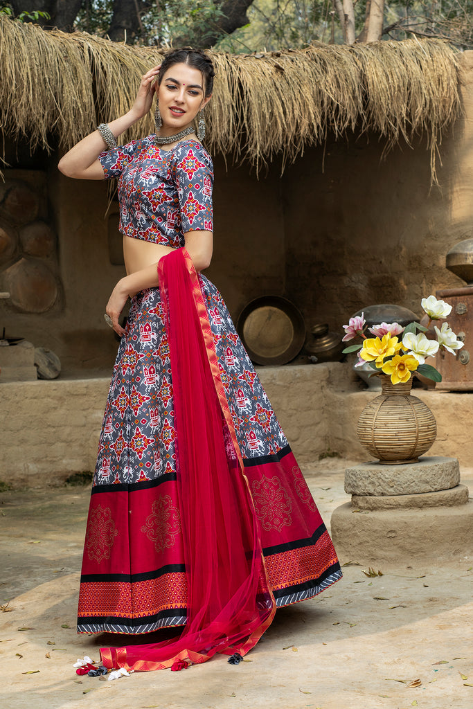Indian Grey And Magenta Lehenga With Digital Printed And Indian Tradition Design, Choli Has Fancy Work Chaniya Choli For Women ClothsVilla