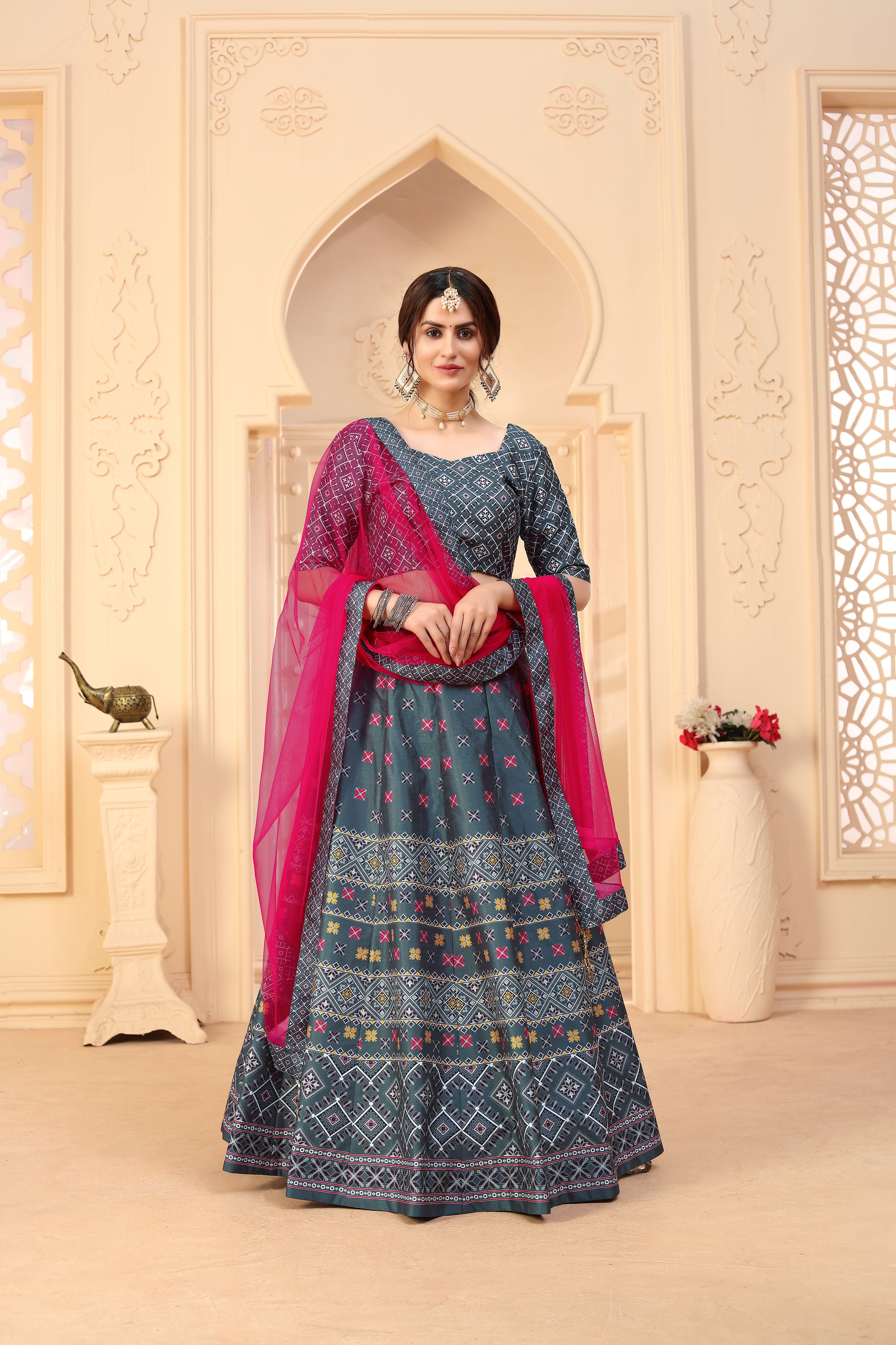 Indian Grey Digital Printed Lehenga Choli With Lace And Border Dupatta, Mehendi, Ceremony Wedding Engagement Cocktail Reception Exclusive ClothsVilla Main image