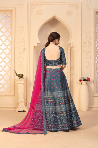 Indian Grey Digital Printed Lehenga Choli With Lace And Border Dupatta, Mehendi, Ceremony Wedding Engagement Cocktail Reception Exclusive ClothsVilla