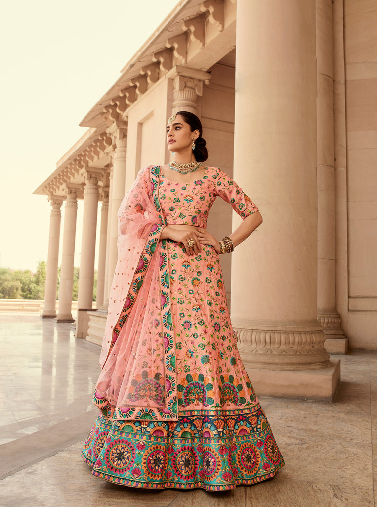 Indian Peach Art Silk Lehenga With Gorgeous Heavy Embroidery With Print & Swarovski Work For Wedding, Engagement, Traditional Functions Wear ClothsVilla