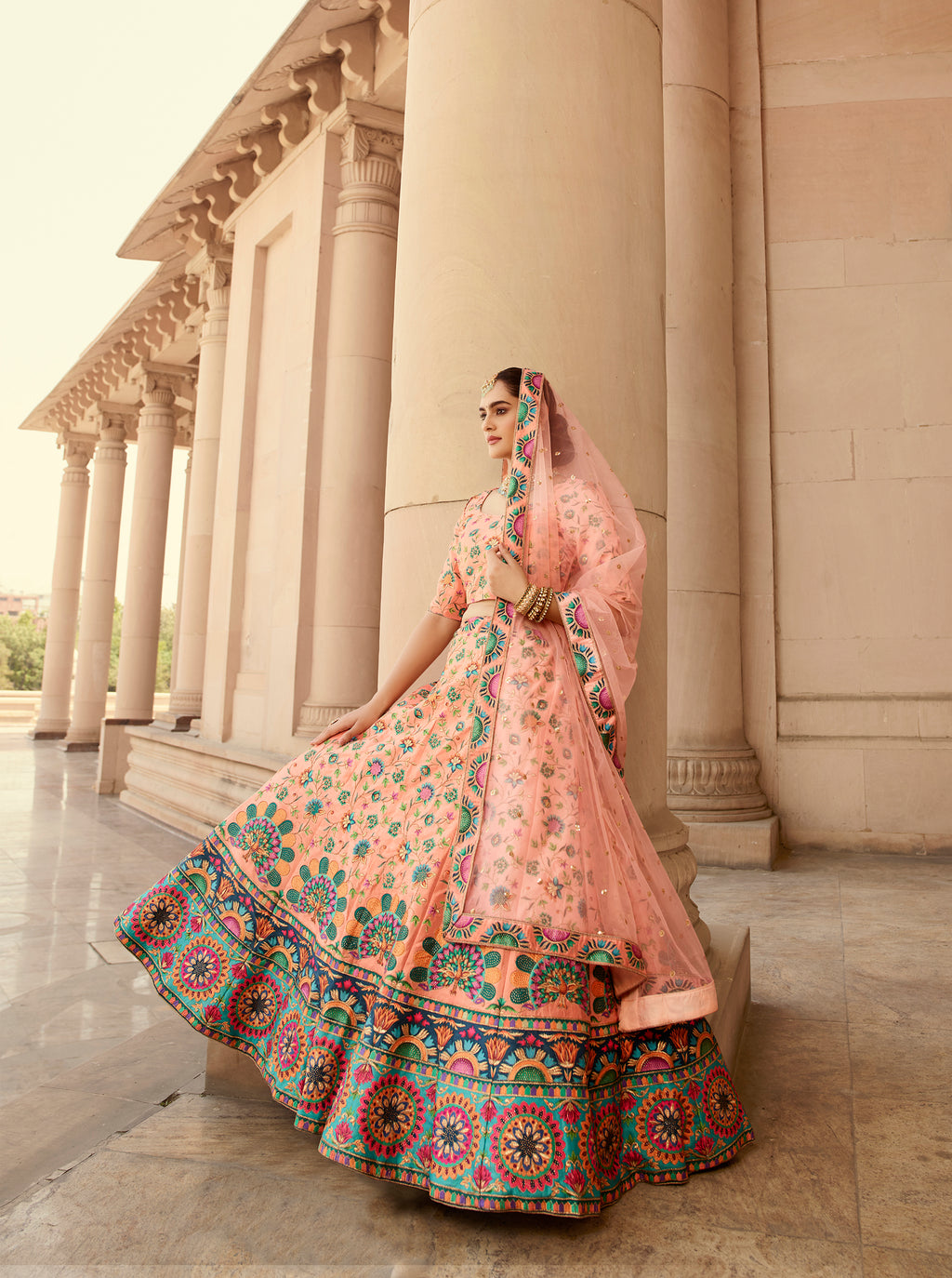 Indian Peach Art Silk Lehenga With Gorgeous Heavy Embroidery With Print & Swarovski Work For Wedding, Engagement, Traditional Functions Wear ClothsVilla