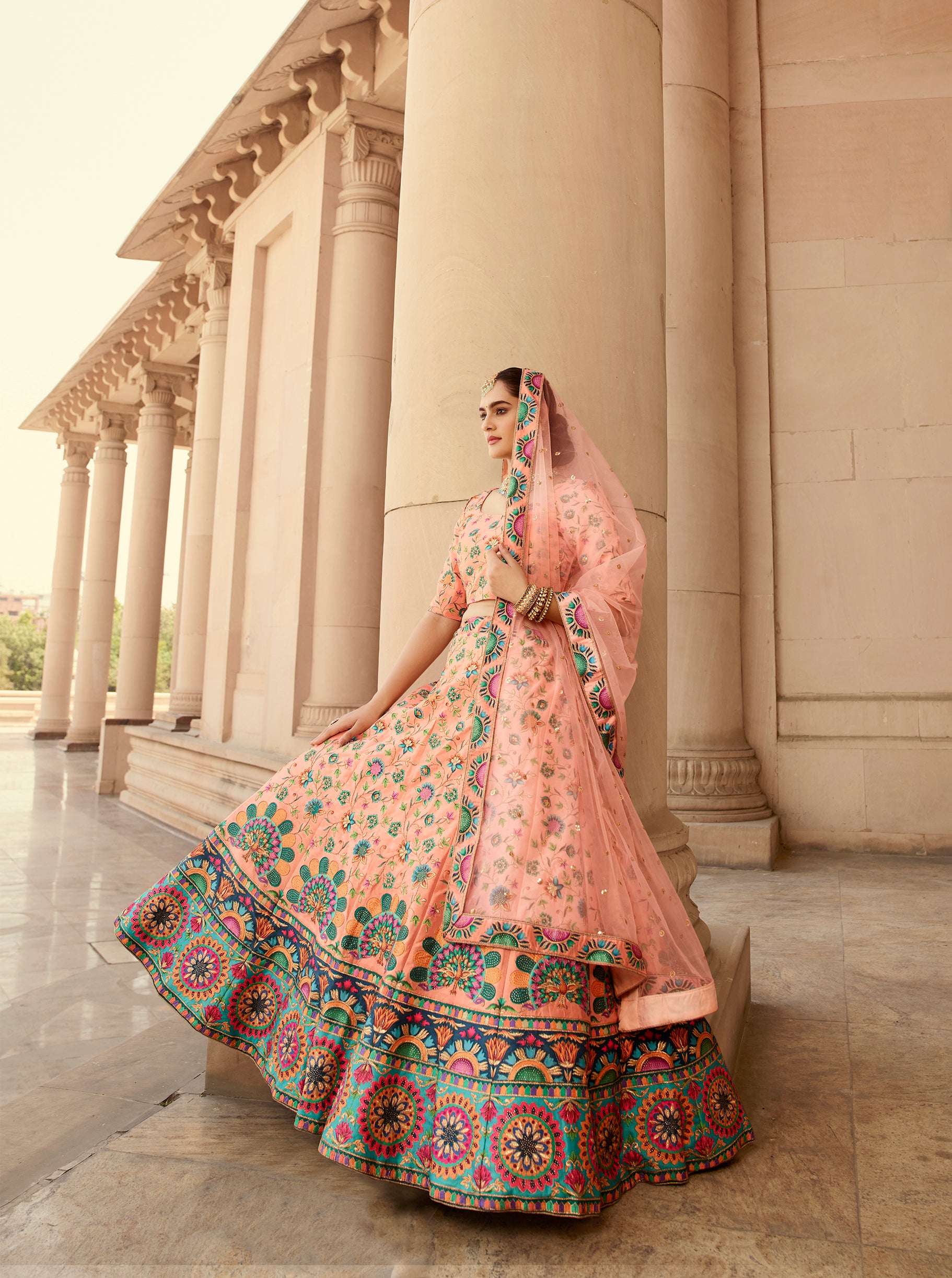 Indian Peach Art Silk Lehenga With Gorgeous Heavy Embroidery With Print & Swarovski Work For Wedding, Engagement, Traditional Functions Wear ClothsVilla