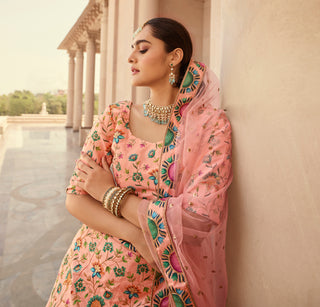 Indian Peach Art Silk Lehenga With Gorgeous Heavy Embroidery With Print & Swarovski Work For Wedding, Engagement, Traditional Functions Wear ClothsVilla