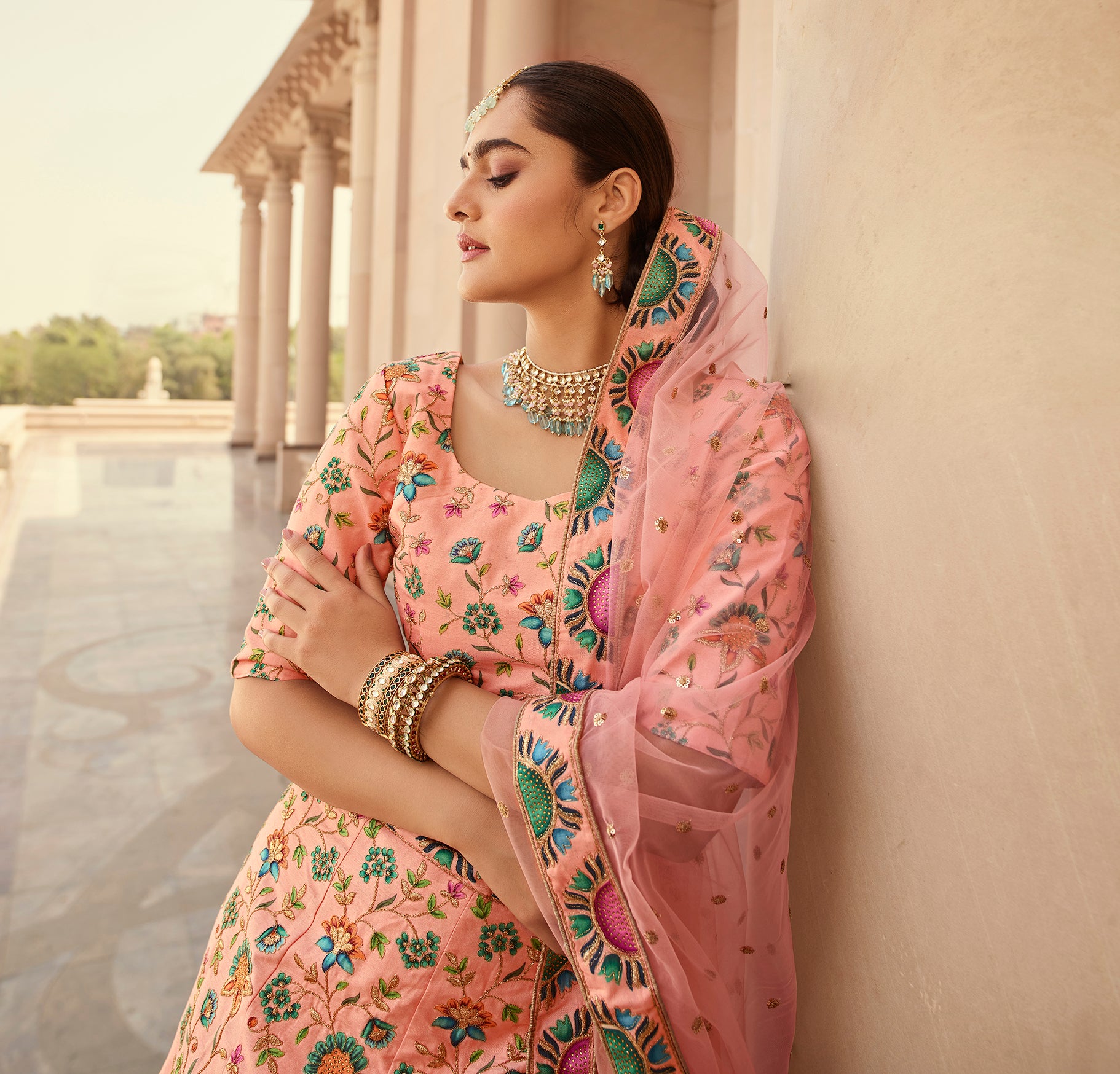 Indian Peach Art Silk Lehenga With Gorgeous Heavy Embroidery With Print & Swarovski Work For Wedding, Engagement, Traditional Functions Wear ClothsVilla