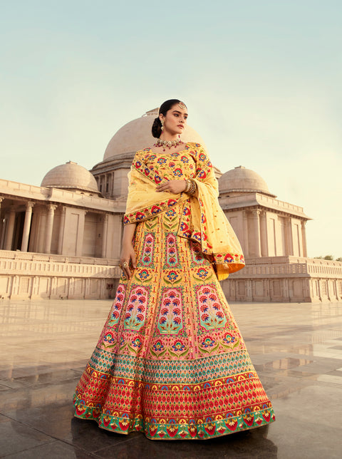 Indian Yellow Art Silk Lehenga With Gorgeous Heavy Embroidery With Print & Swarovski Work For Wedding Engagement, Traditional Functions Wear ClothsVilla Main image