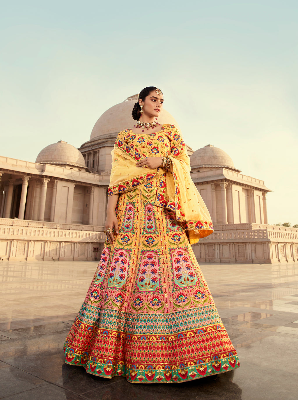 Indian Yellow Art Silk Lehenga With Gorgeous Heavy Embroidery With Print & Swarovski Work For Wedding Engagement, Traditional Functions Wear ClothsVilla