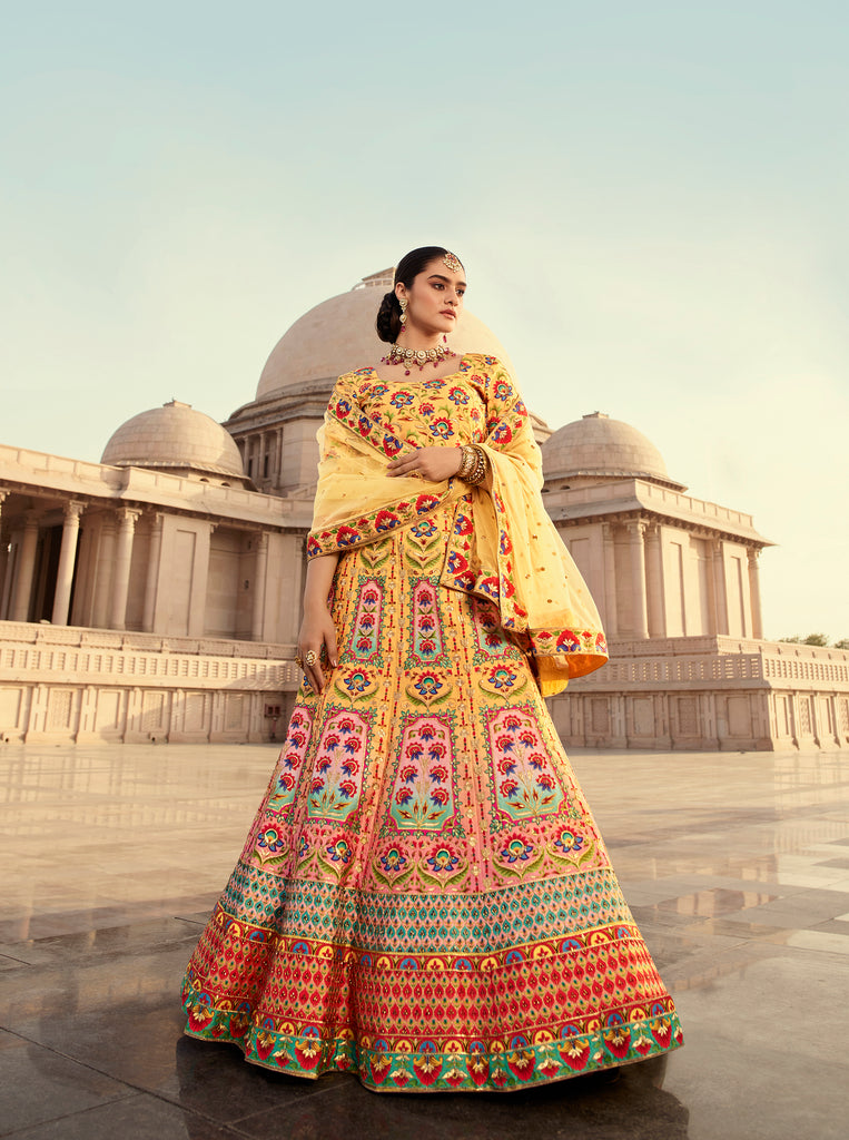Buy Multi Colour Engagement Satin Silk Designer Lehenga Choli Online
