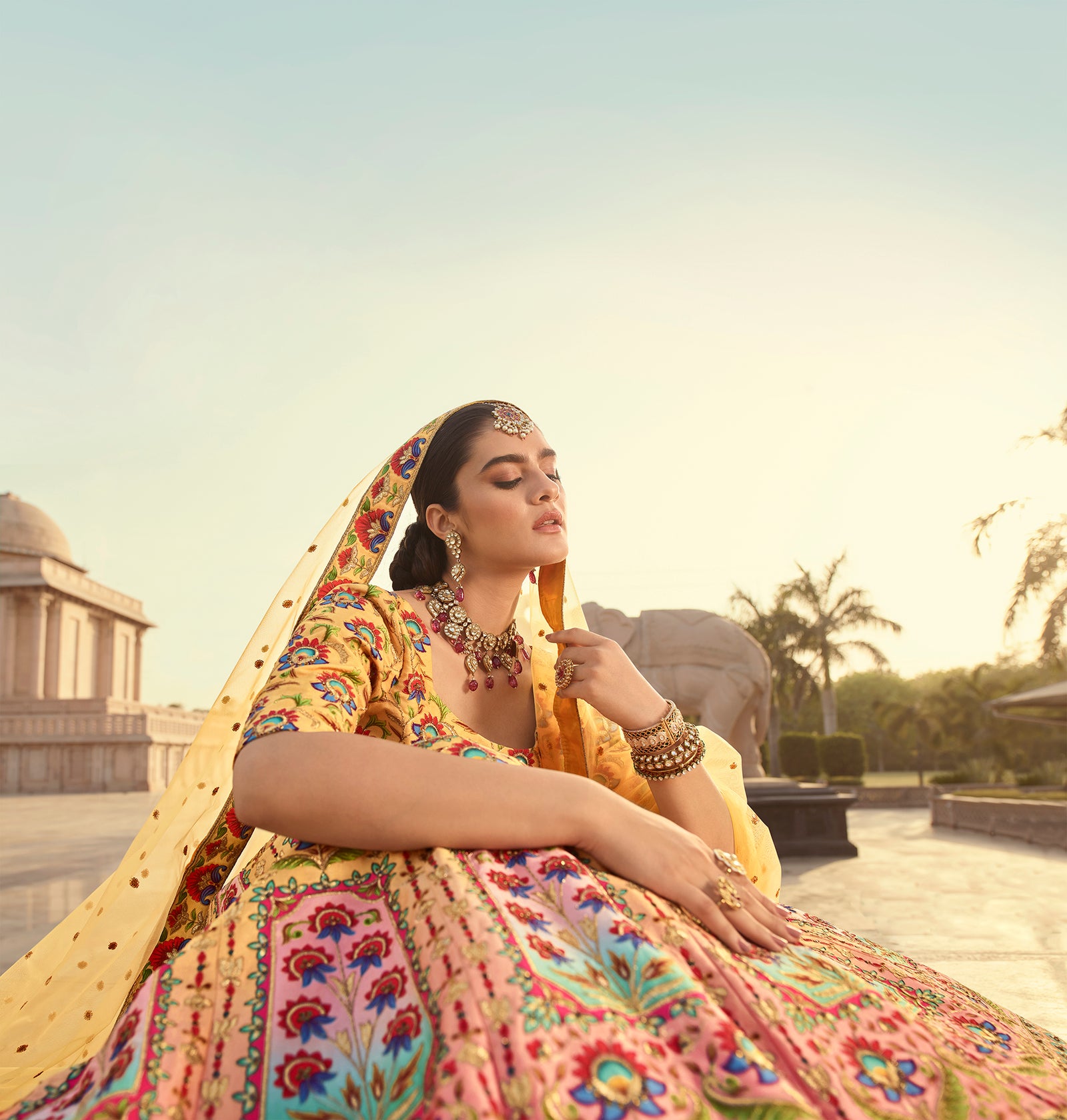Indian Yellow Art Silk Lehenga With Gorgeous Heavy Embroidery With Print & Swarovski Work For Wedding Engagement, Traditional Functions Wear ClothsVilla
