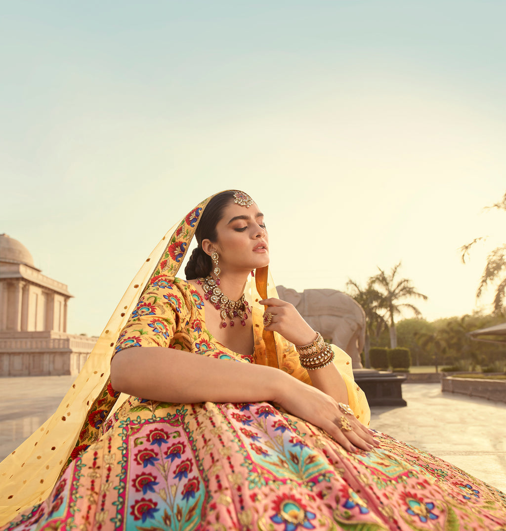 Indian Yellow Art Silk Lehenga With Gorgeous Heavy Embroidery With Print & Swarovski Work For Wedding Engagement, Traditional Functions Wear ClothsVilla