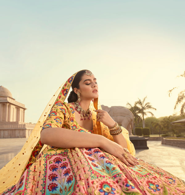 Indian Yellow Art Silk Lehenga With Gorgeous Heavy Embroidery With Print & Swarovski Work For Wedding Engagement, Traditional Functions Wear ClothsVilla